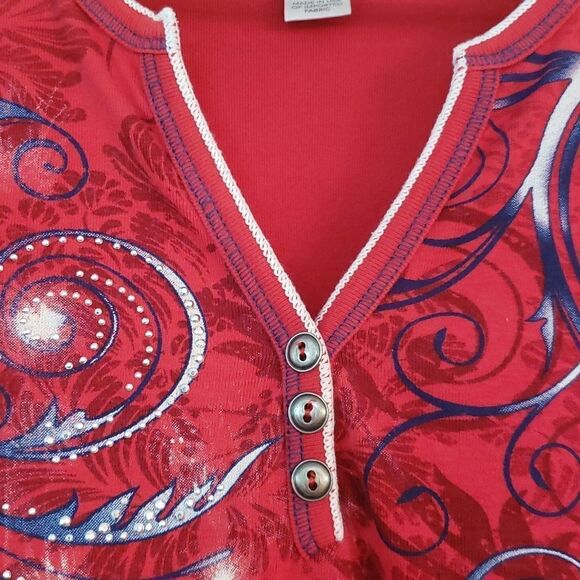 Pretty CJ Banks Patriotic Red White Blue Statue of Liberty Top Sz X - Picture 3 of 7